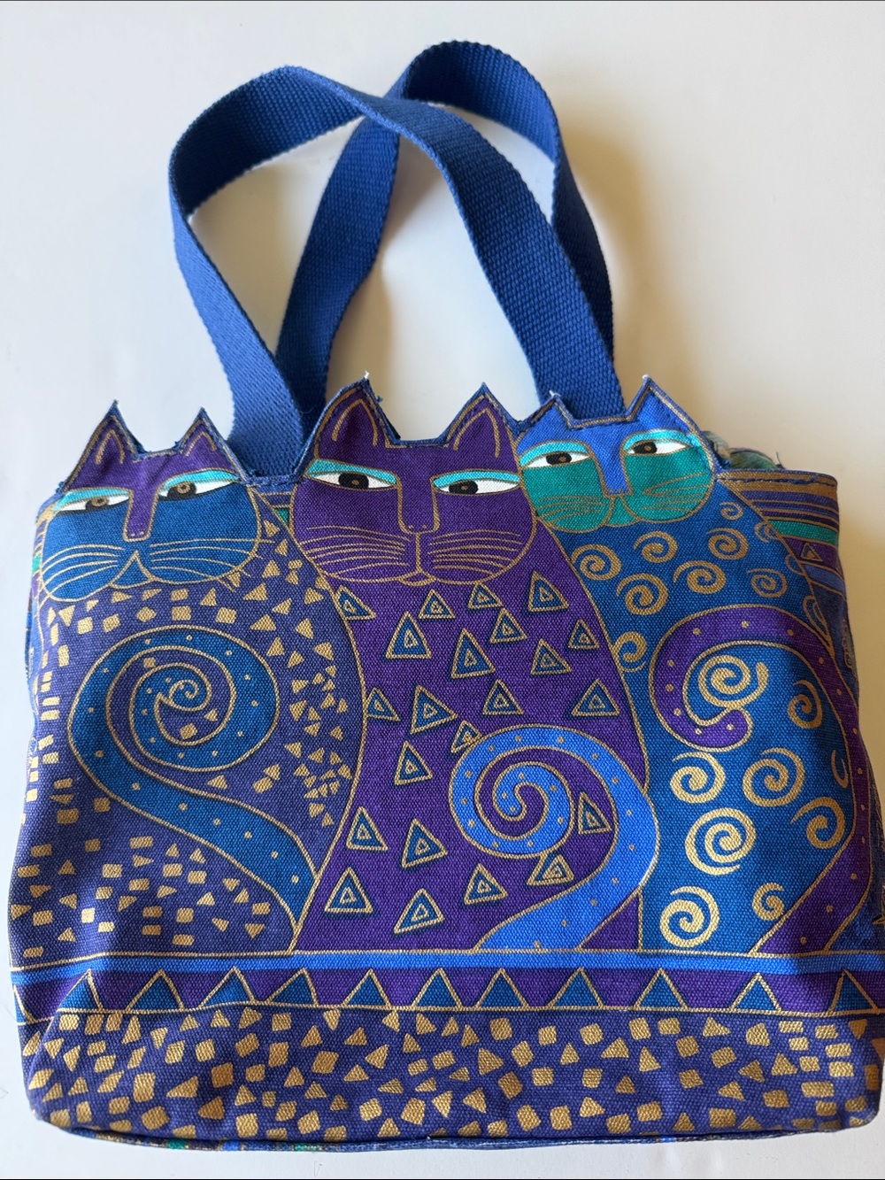 Laurel Burch Whimsical Cat Pattern Shoulder Bag in Blue and Purple